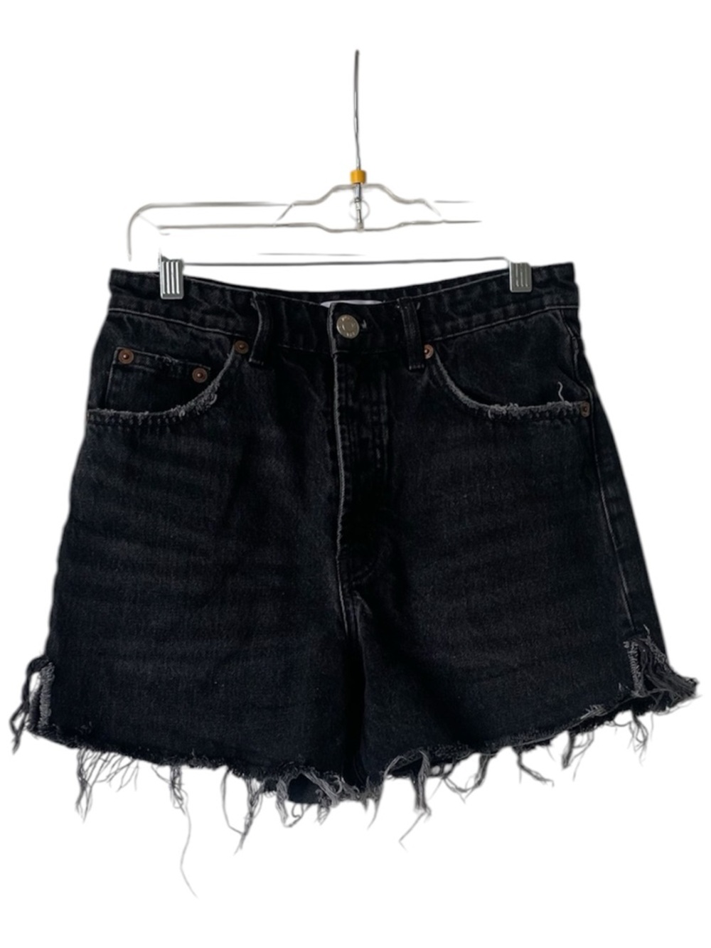 Zara High Waisted Frayed Black Denim Shorts Size 6